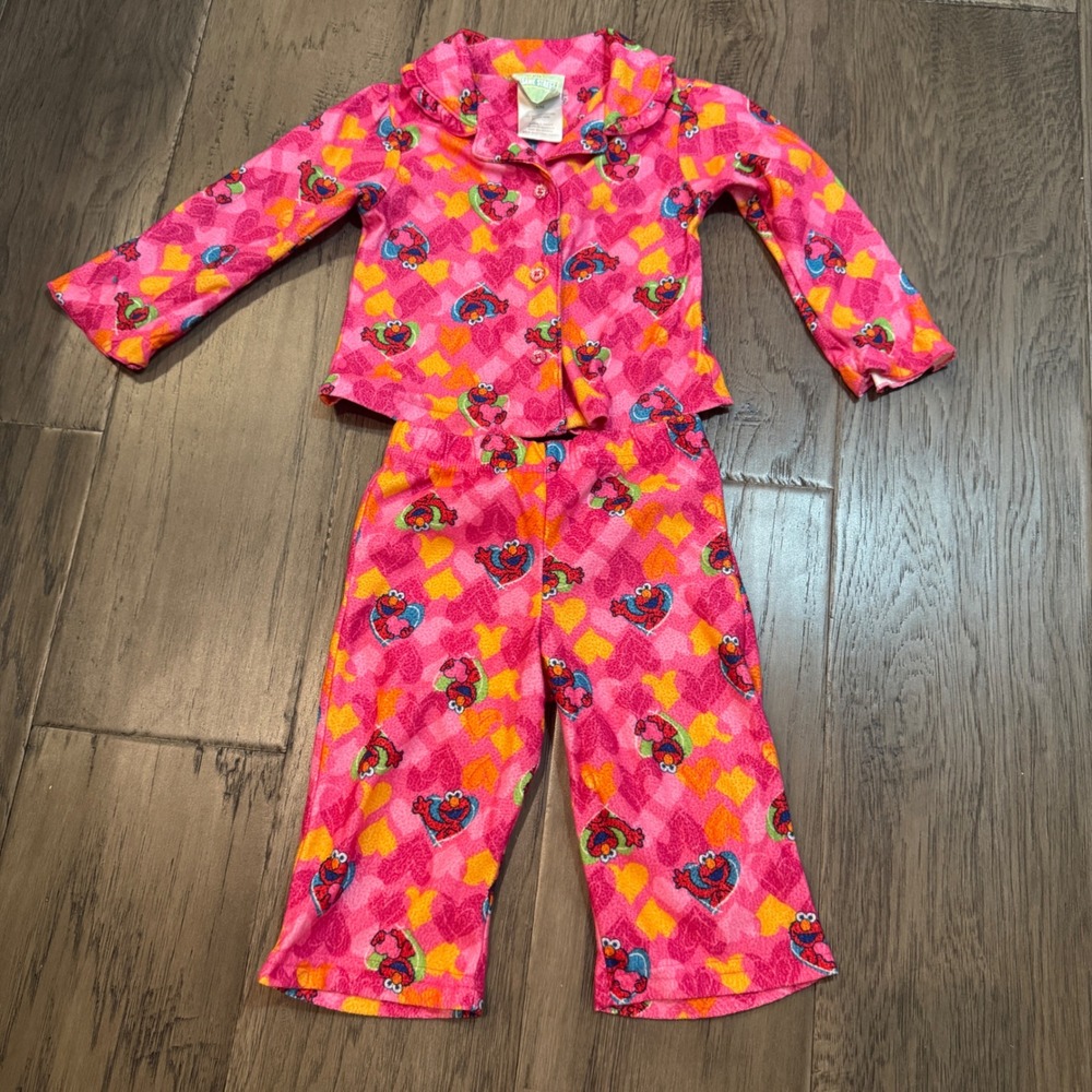 Sesame Street Elmo Pajamas Set 12M Infant Girl Pink Hearts Long Sleeve